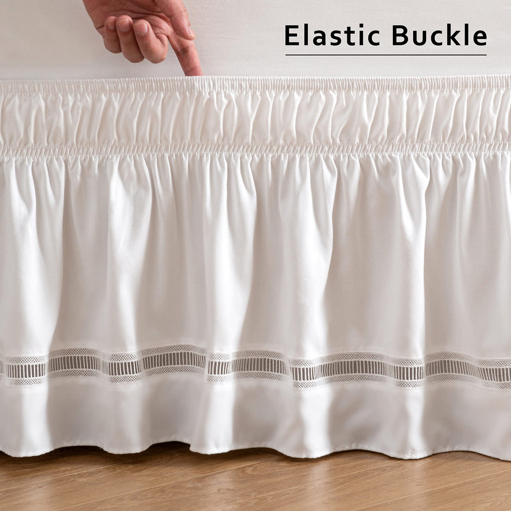 Wrap Around Ruffled Lace Bed Skirt, Elastic Dust Ruffle with Adjustable Belts, Easy to Put On, Bed Frame Cover