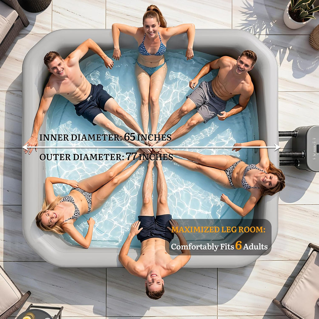 77-Inch Drop-Stitch Inflatable Hot Tub for 6 Person, Square Portable Outdoor Spa with 180 Massage Jets, Smart Heating