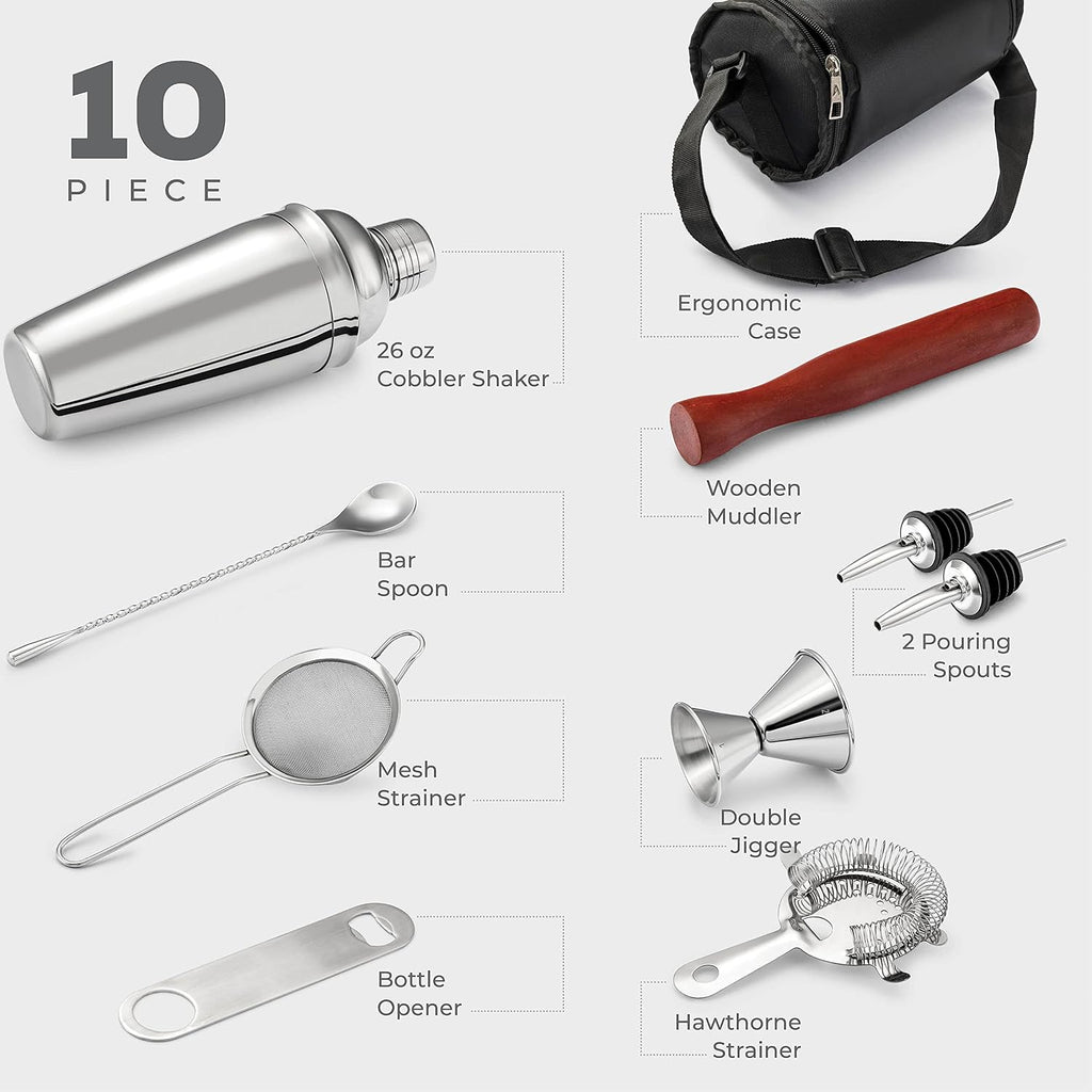 Stainless Steel Cocktail Shaker Set, 10-Piece Bartender Kit - Set of 14