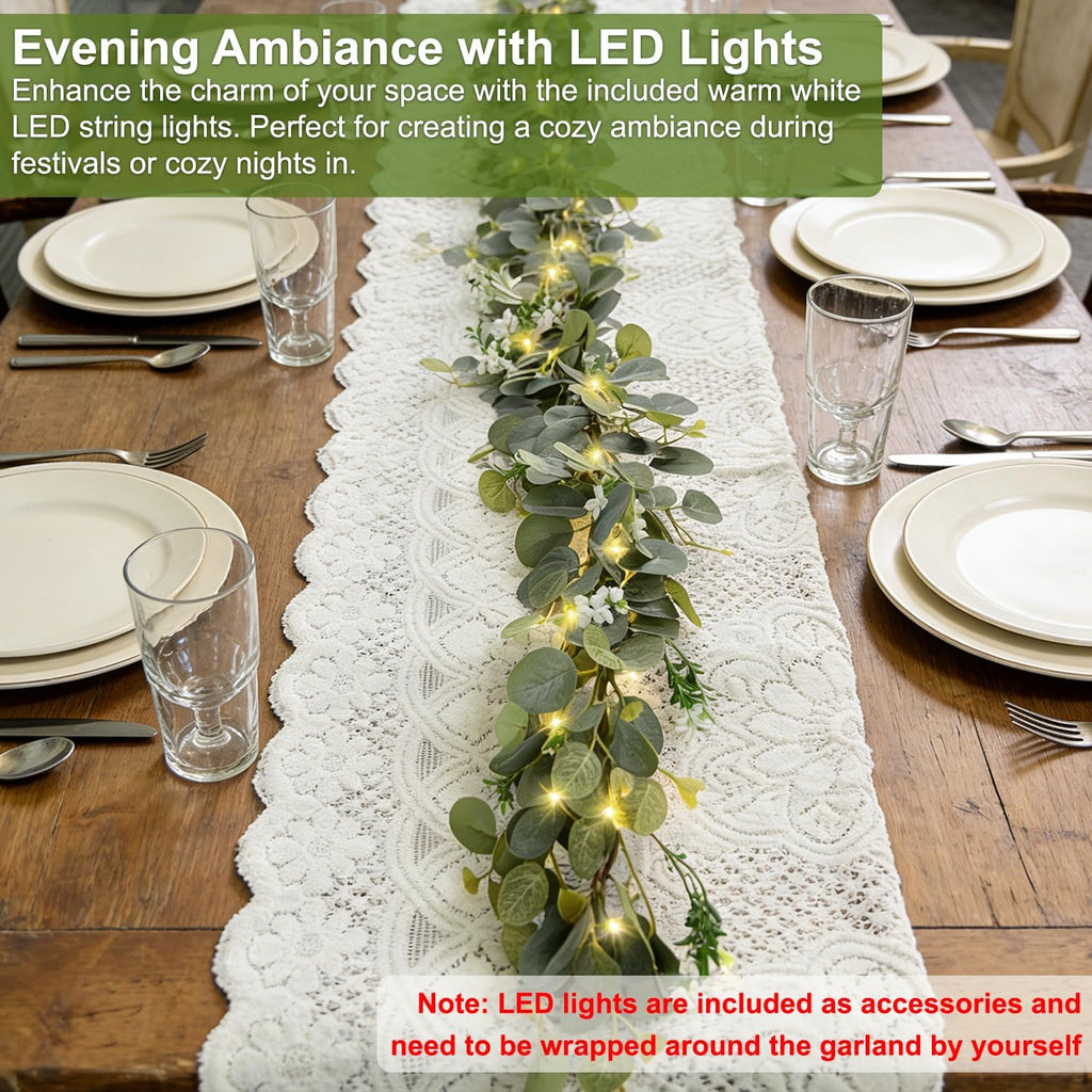 6Ft Lighted Eucalyptus Garland with 30 LED Lights String, Battery Operated Olive Leaf Greenery Garland for Table - Set of 6