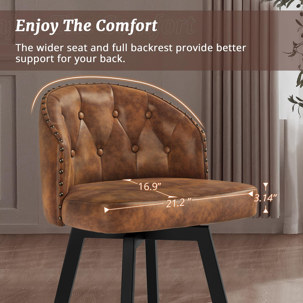 Counter Height Bar Stools, 26" Swivel Faux Leather Upholstered Bar Stool with Backs and Metal Legs, Retro Counter