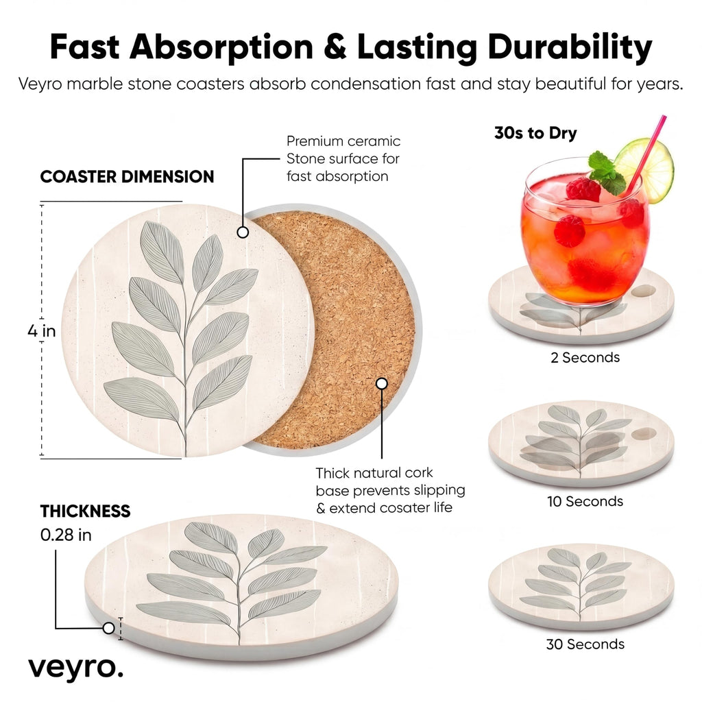 Absorbent Ceramic Stone Drink Coasters Set of 4 with Holder