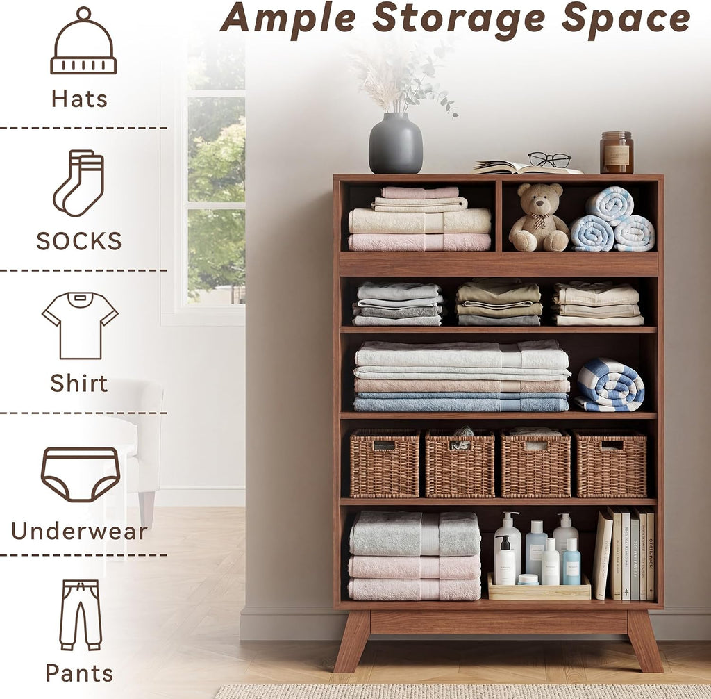 Walnut 6 Drawer Dresser , 47" Tall Chest of Drawers | Rounded Corner Safety Design, Stable 4-Leg Structure, Suitable