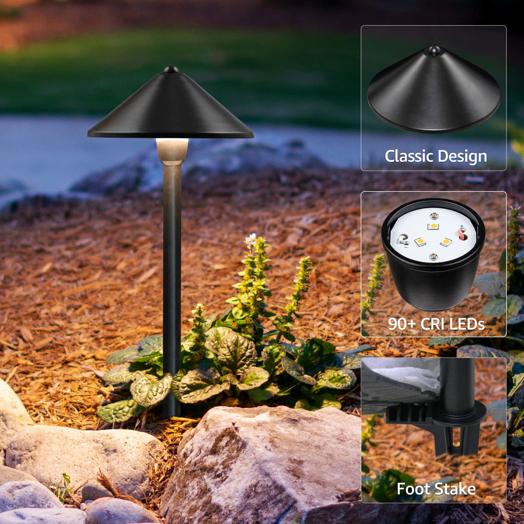 4-Pack 7" Low Voltage Path Lights Black Aluminum, Conical Hat Design