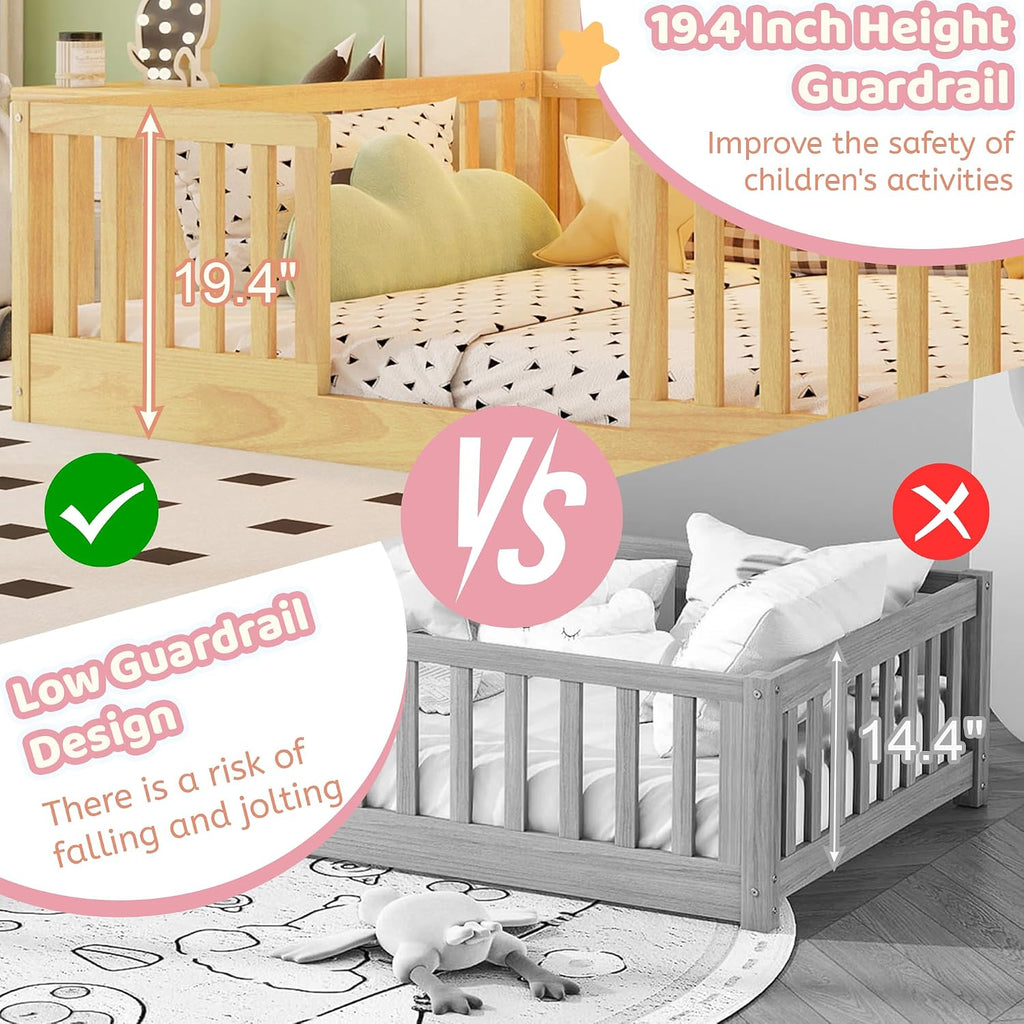 Montessori House Floor Bed with High Rails and LED Light, Natural