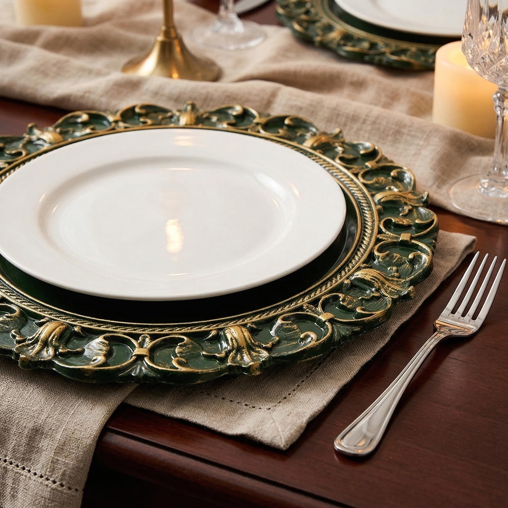 Green Charger Plates, 13 Inch Plate Chargers for Dinner Plates. Set of 6 Plastic Embossed Charger for Dinner, Party