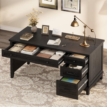 Farmhouse Executive Desk with Drawers, 53.54 in Home Office Desk with Charging Station