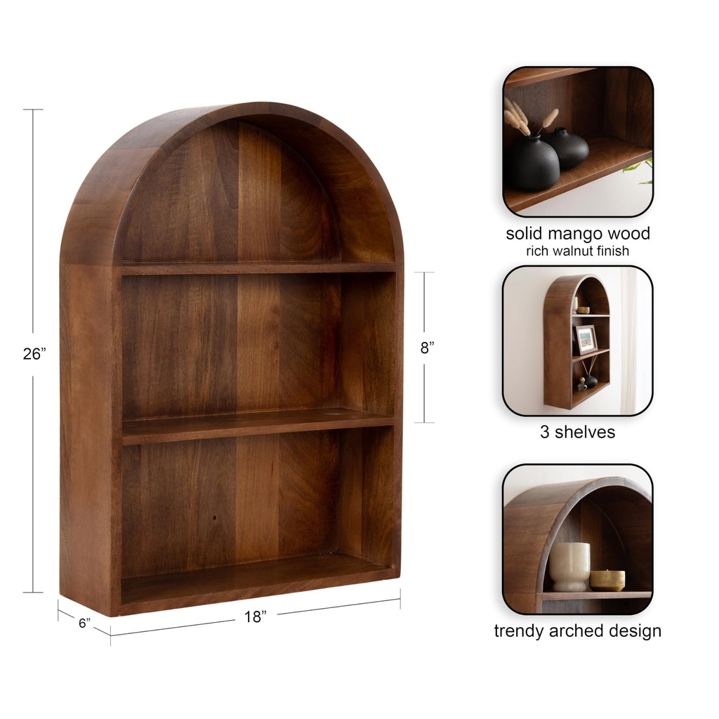 Arcott Modern Arched Wall Shelf, 18 x 26, Walnut Brown, Transitional Arch Wall Shelves for Over-the-Toilet Storage or