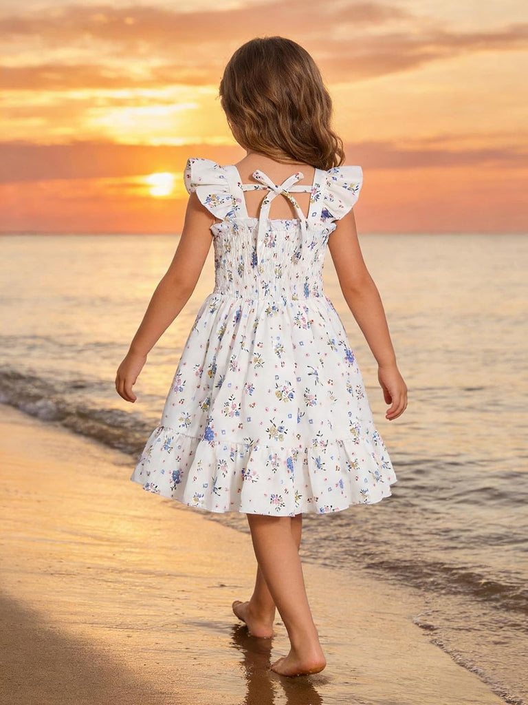 Toddler Girl Floral Smocked Dress, Sleeveless Chiffon A-Line Sundress for Summer Beach Party