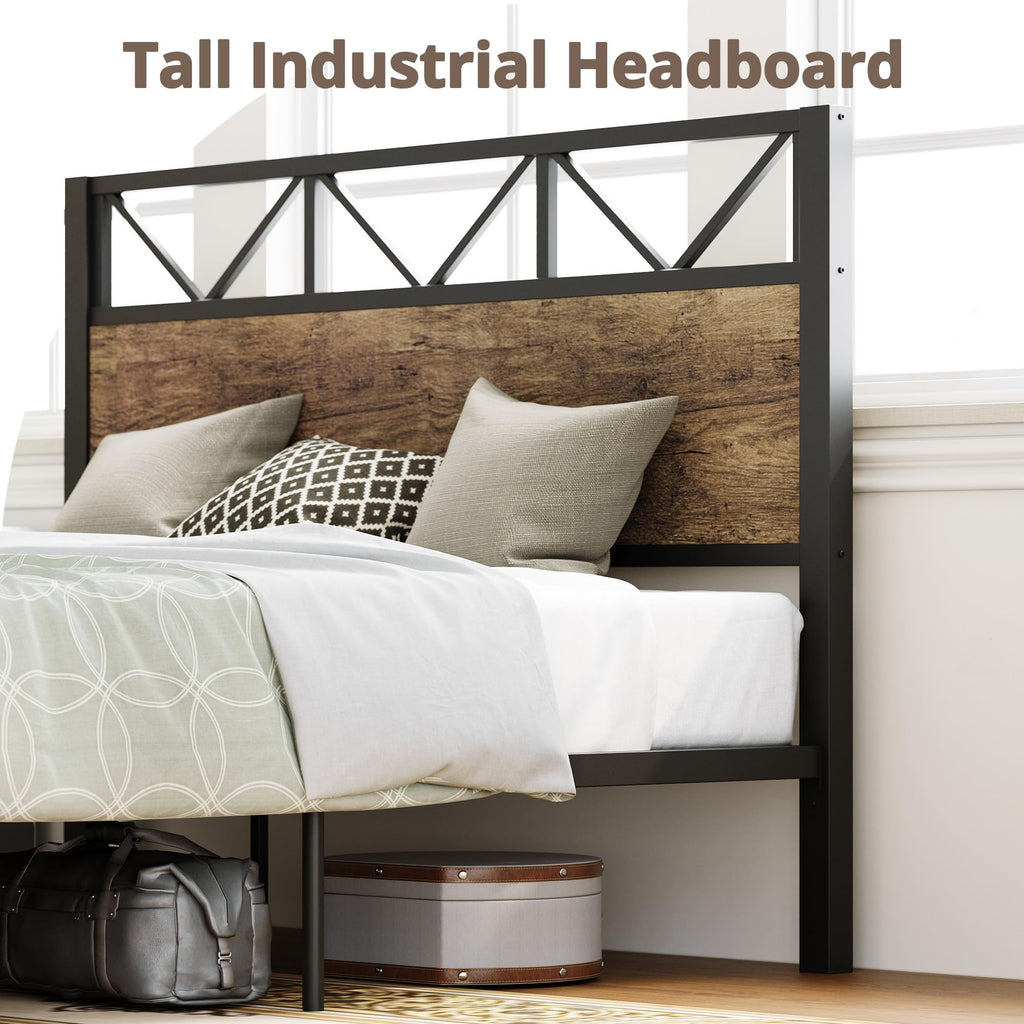 Bed Frame, Tall Industrial Headboard 51.2 ", Platform Bed Frame with Strong Metal Support, Solid and Stable