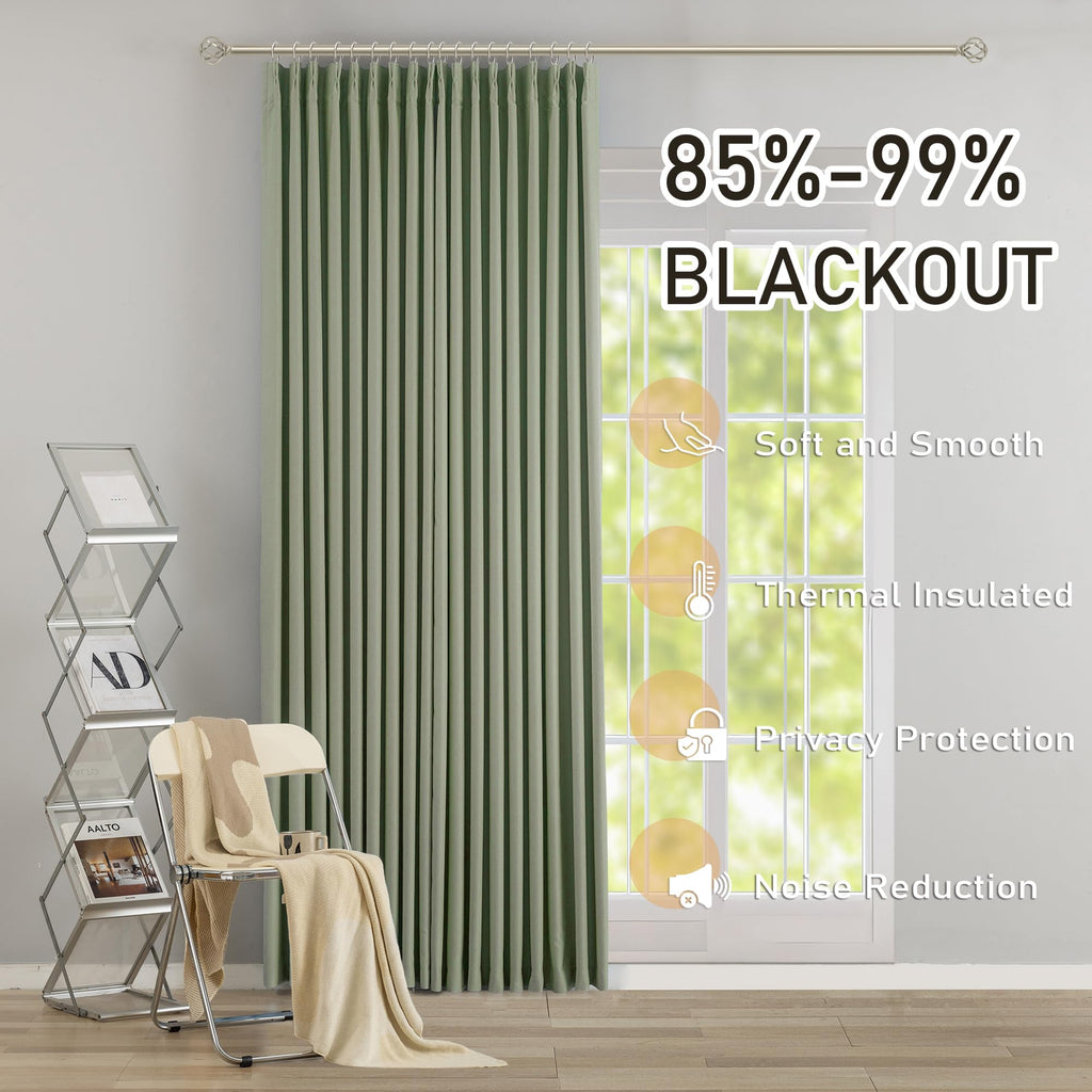 Sage Green 60 inch Wide Pinch Pleated Blackout Curtains with Hooks - 95 inch Length Room Darkening Thermal Insulated