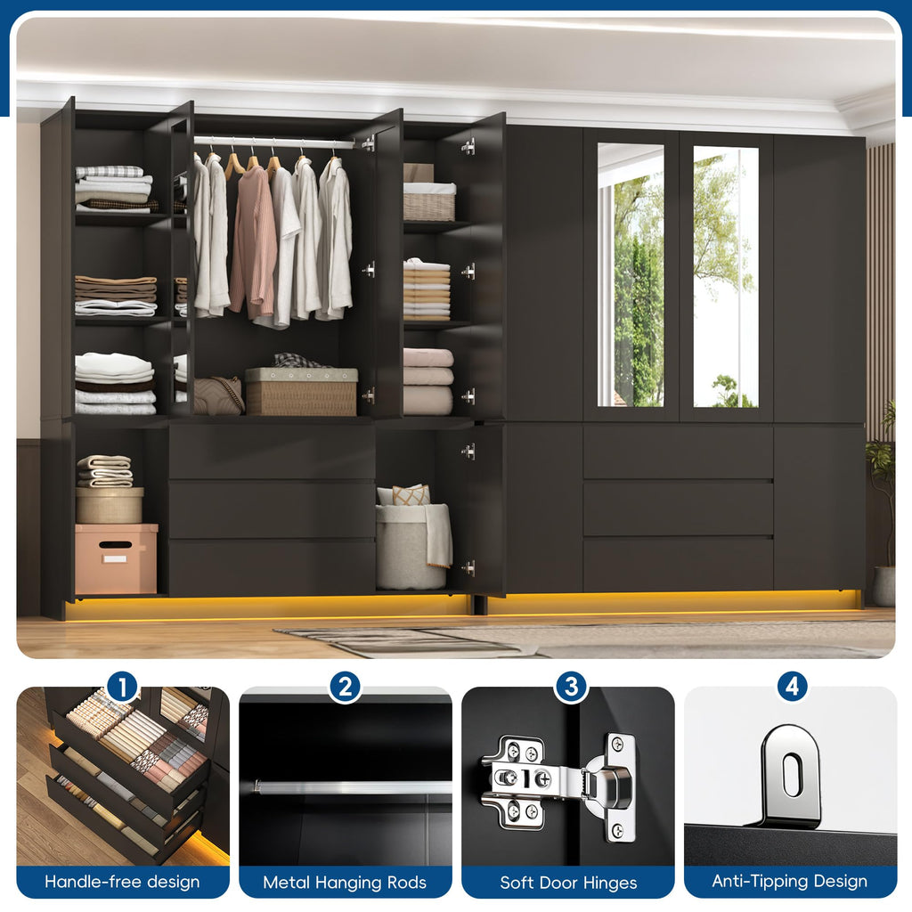 75" Tall Modern Wardrobe Closet with 2 Mirrors, LED Lights, 63"W Armoire Wardrobe Cabinet with 3 Drawers, Hanging