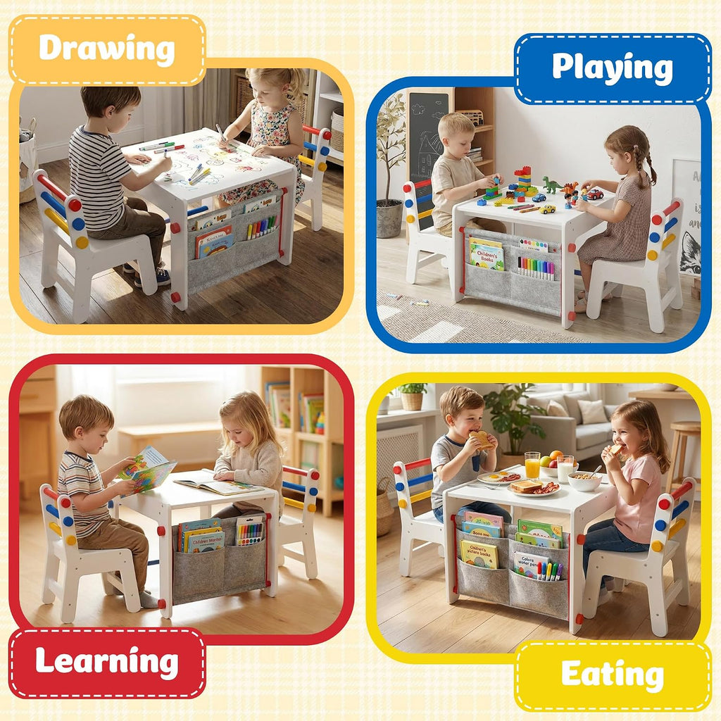 Wooden Kids Table & Chair, Graffiti Desktop & Storage, Multicolor