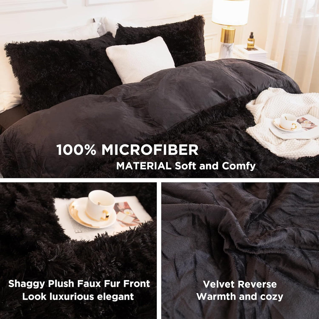 Queen Comforter Set Black, Fluffy Winter Faux Fur Warm Soft Plush Bedding Comforter Set (1 Velvet Comforter & 2