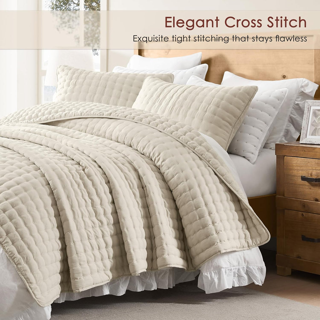 Beige Queen Quilts Bedding Sets with 2 Pillow Shams, Neutral Lightweight Soft Bedspread Coverlet, Quilted Blanket