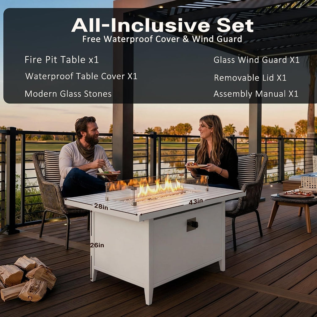 43" Aluminum Propane Fire Pit Table with 55,000 BTU, Rectangle Outdoor Gas Fire Table with Glass Wind Guard, Glass
