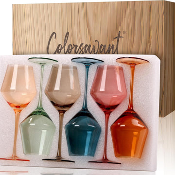 Colored Wine Glasses Set of 6-16OZ Colorful Wine Glass with Stem【HandBlown】 Muted Wine Glasses Colored Set,Wine Gifts