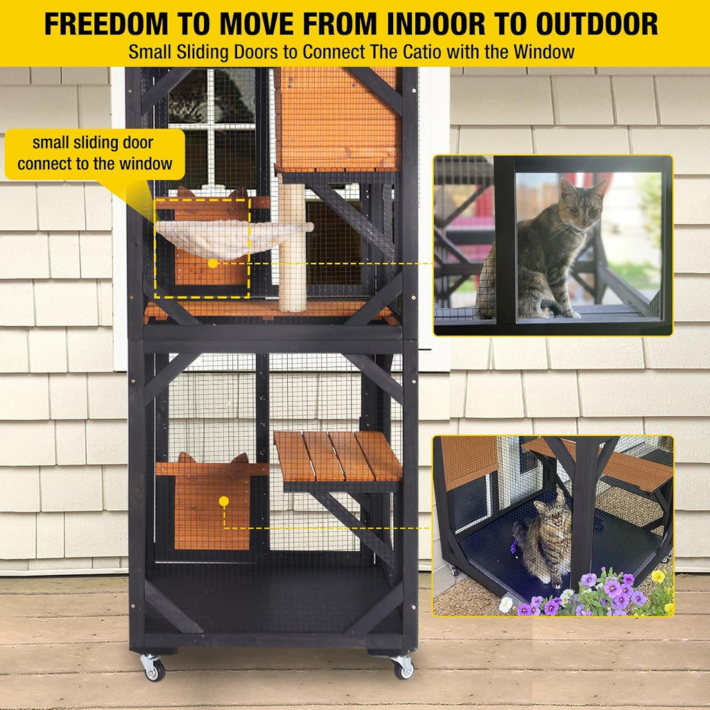 Cat House Window Catio Outdoor Cat Enclosure Mobile Kitty Shelter on Wheels Pet Cage with Resting