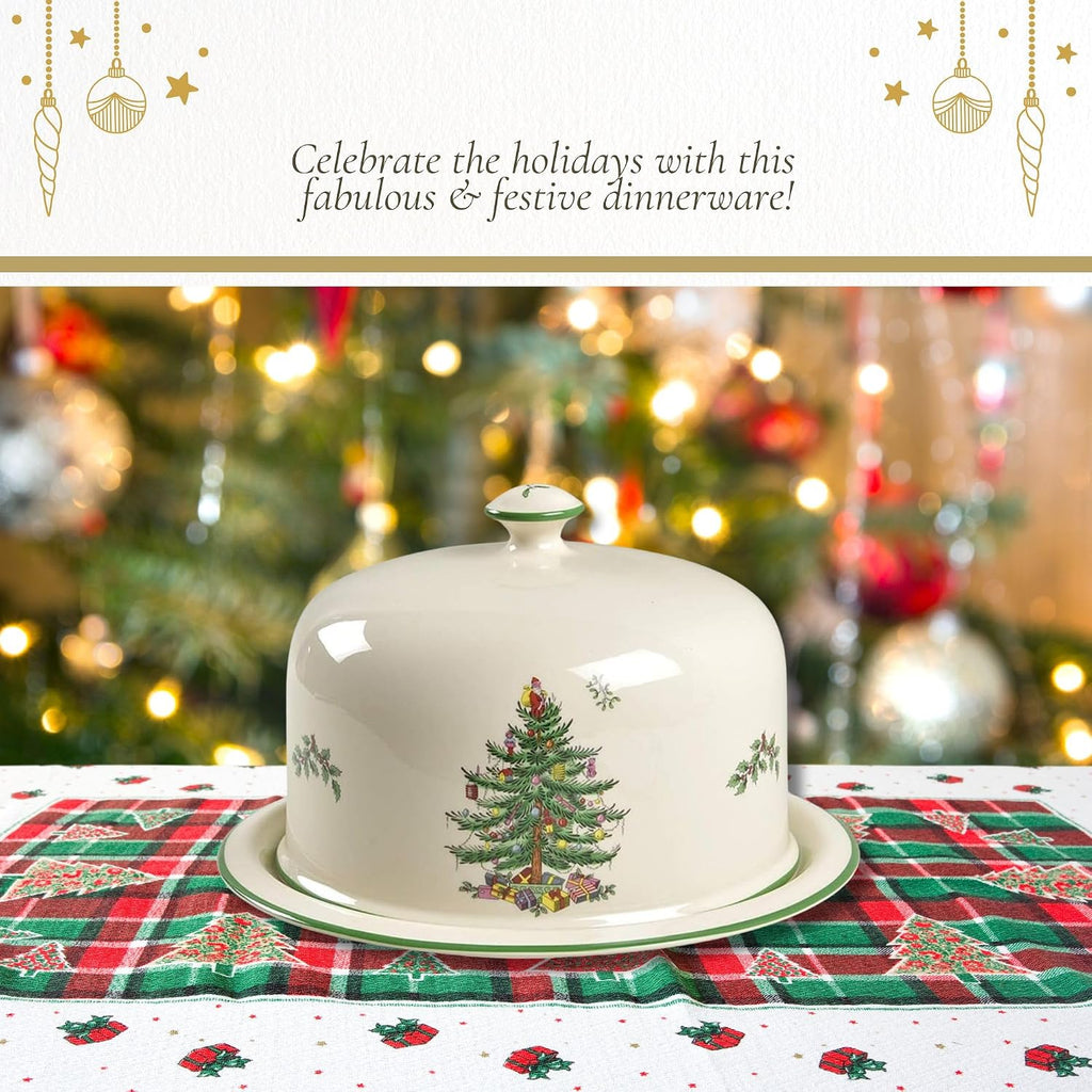 Christmas Tree 2 Piece Serving Platter with Dome Set - Ceramic Holiday Serving Tray for Cakes, Desserts, Side Dishes