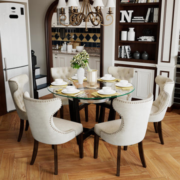 48"D Glass Dining Table Chair Set for 6, Big Dinette Set, Beige