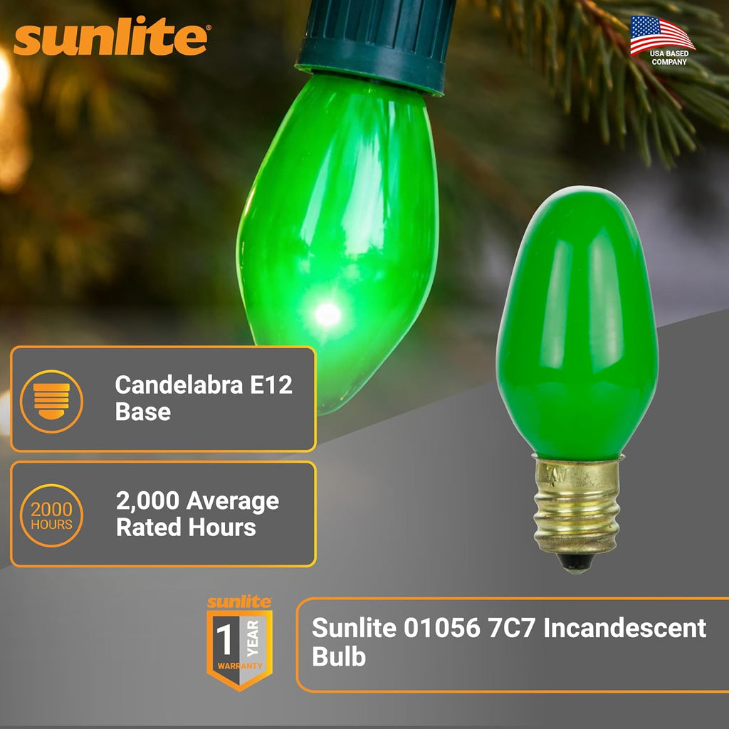 7C7 Incandescent Bulb, 7 Watt, Candelabra E12 Base, C7 Small Night Light, Colored Bulb, Green