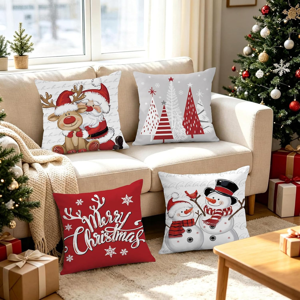 Merry Christmas Throw Pillow Covers 18x18 Inches - Set of 4