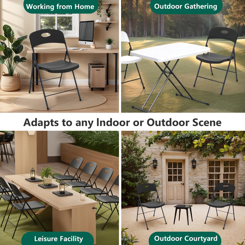 2 Pack Black Folding Chair, Plastic Portable Stackable Commercial Seats with Steel Frame 350lb, Heavy Duty Foldable