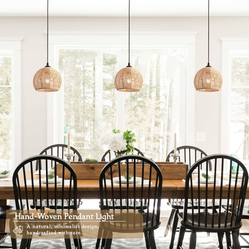3 Pack Wicker Pendant Light Natural Boho Chandelier Light Fixture Dome Rustic Farmhouse Pendant Lights Rattan Light