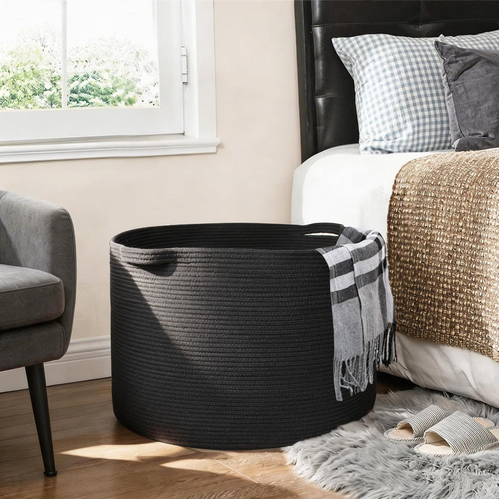 Large Black Blanket Basket, 22" X 22" X 14" Woven Rope Bin for Storage, Kids Dog Toy Storage Box Organizer Bins