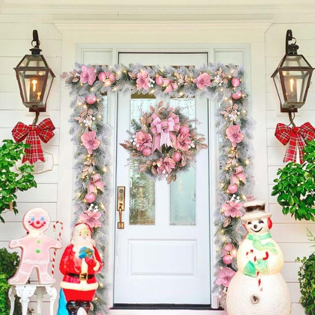 6 feet Christmas Pink Garland for Front Door with 30 LED Lights with Timer,Festive Lighted Holiday Snow Flocked