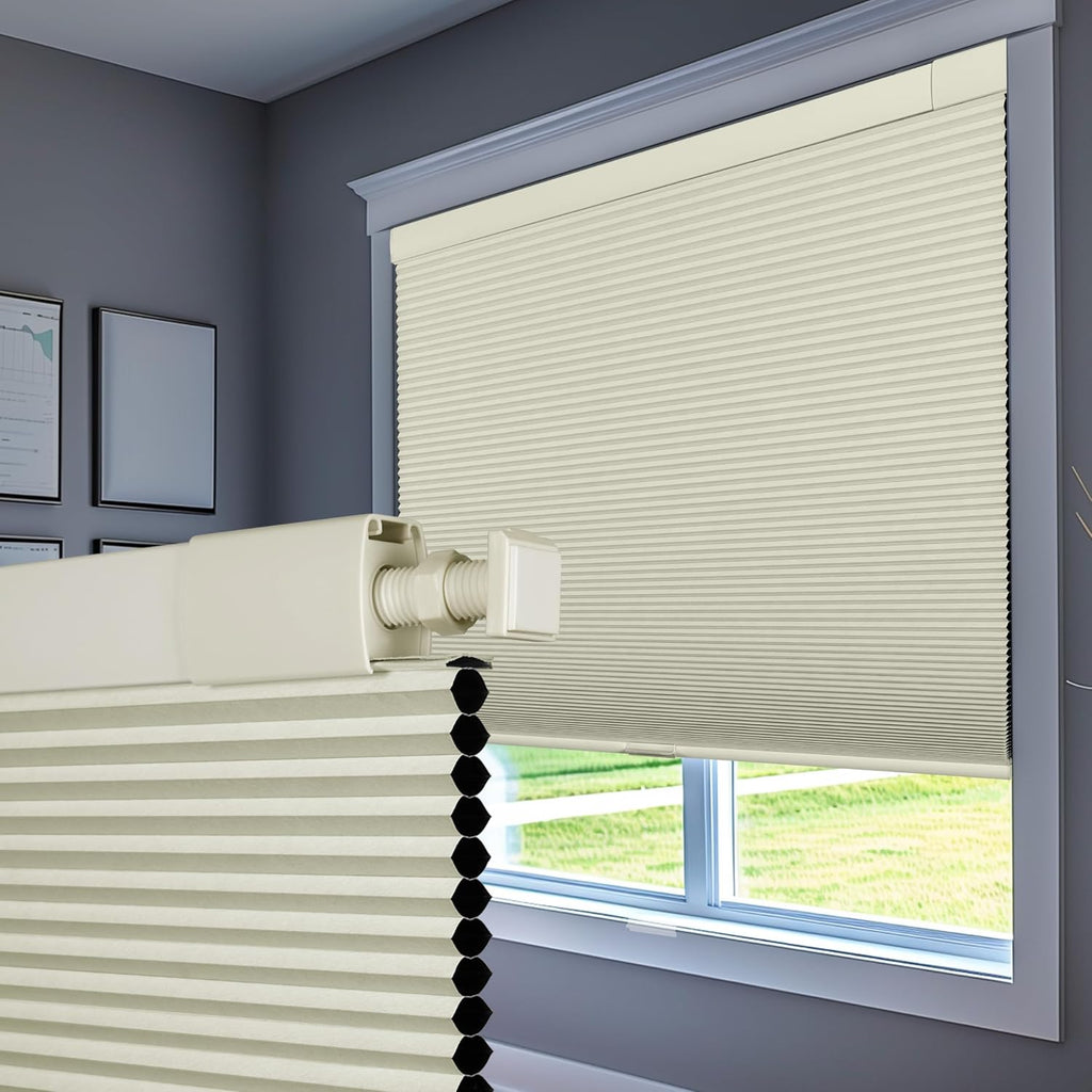No Drill Blinds for Windows Blackout Cellular Shades Cordless No Tools Honeycomb Blinds Pull Down Easy Install, Beige