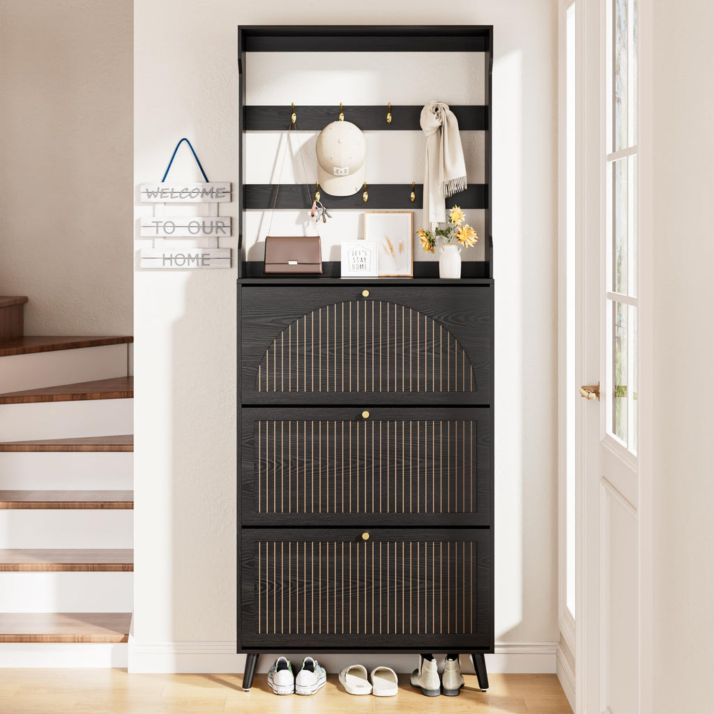 Shoe Storage Cabinet with 3 Fluted Flip Drawers & Coat Rack, Black