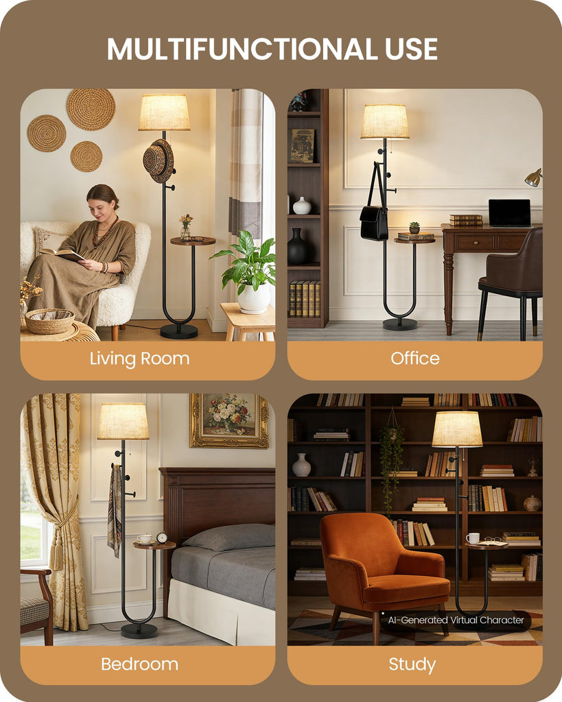 Floor Lamp with Table, Modern Standing Lamp with Shelf and Coat Rack, 3 Color Temperature Bulb Included, Side Table