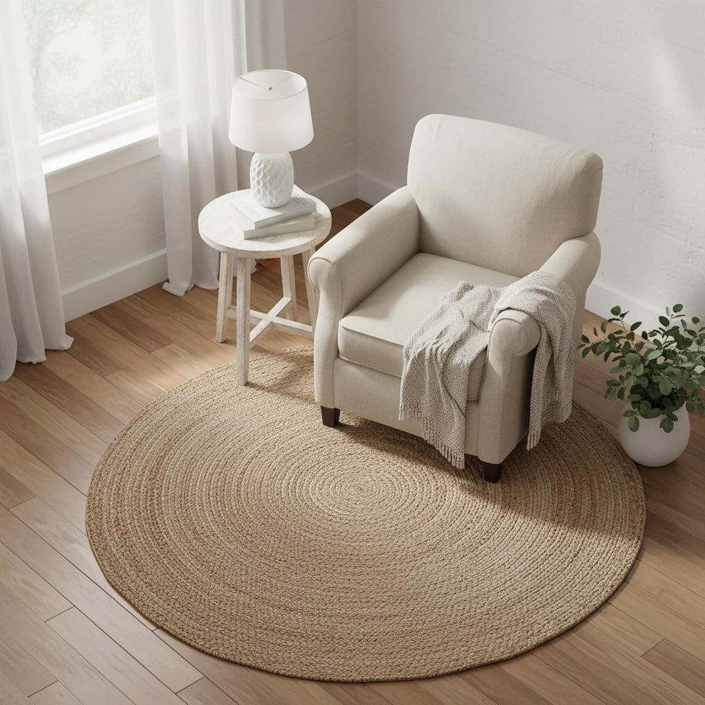 Handwoven Jute Area Rug - 5 feet Round - Natural Yarn - Rustic Vintage Beige Braided Reversible Rug - Eco Friendly