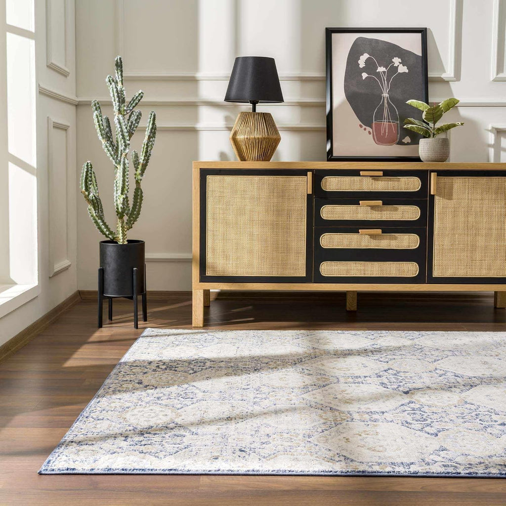 Kismet Boho Vintage Traditional Damask Area Rug - Farmhouse Traditional Floral Medallion Carpet - Beige, Blue, Gray