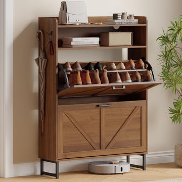 Shoe Storage Cabinet with 2 Flip Drawers, Entryway Shoe Rack, Walnut