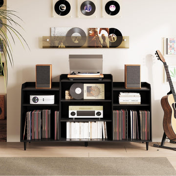 55" Record Player Stand with Charging Station, 4-Tier Vinyl Record Storage Cabinet with Divided Shelves, Adjustable