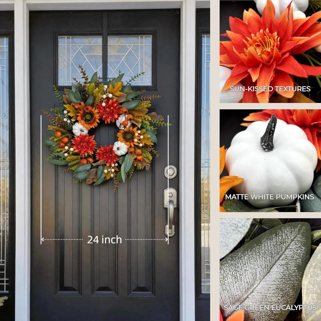 24 Inch Fall Eucalyptus Wreath for Front Door with Dahlia & Sunflower