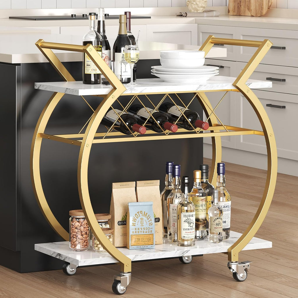 Gold Bar Cart with Wheels, Modern White Marble Home Bar Serving Cart | Drink Cart with Wine Rack, Metal Wooden