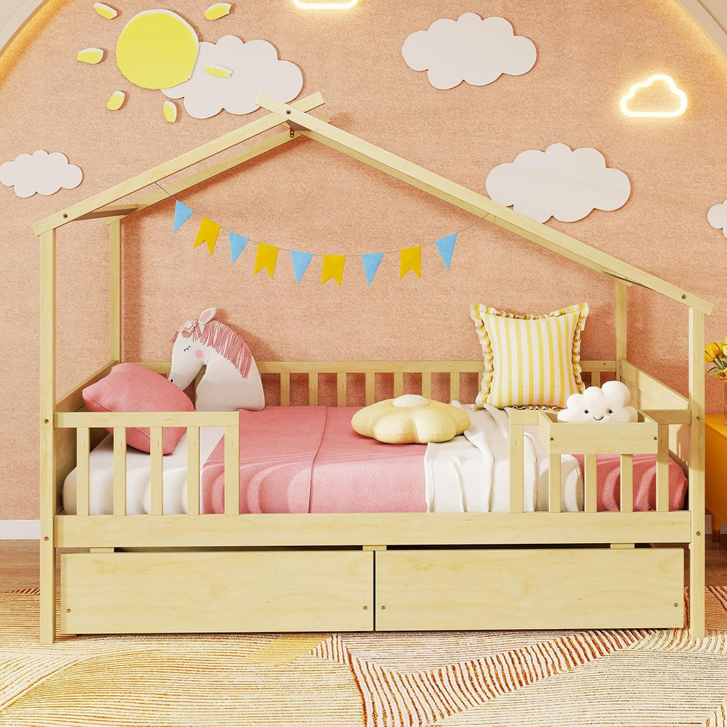Tw Bed with Drawers, Wooden Bed Frame with Cube Storage & Fence Rails, Montessori Beds for Kids Boys, Girls