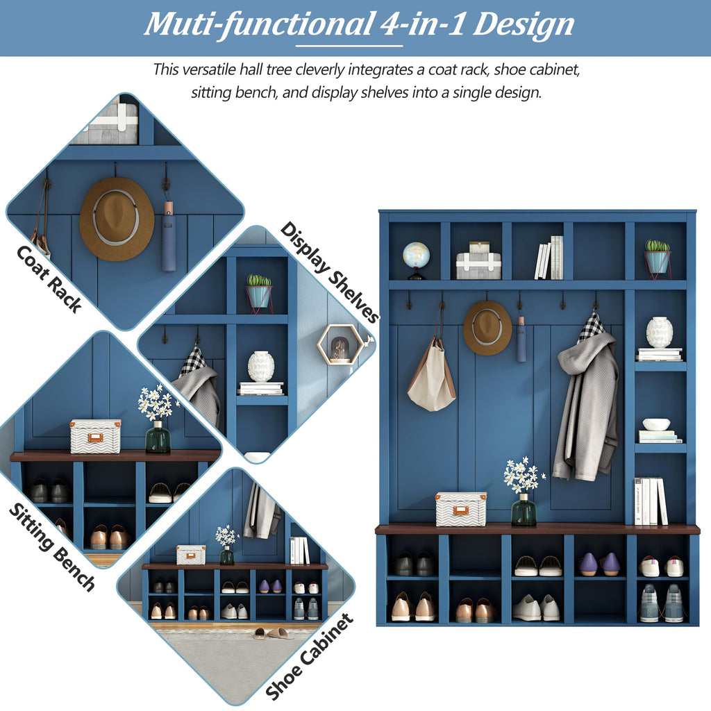 Hall Tree with Bench & Shoe Storage, Farmhouse Wood Coat Rack, Blue