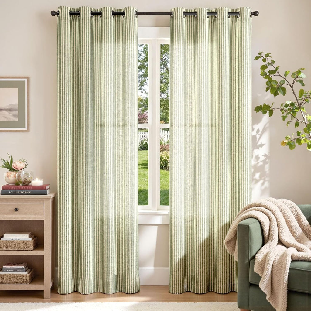 Linen Curtains for Living Room Sage Green on Beige Striped Curtains for Bedroom Ticking Stripe Pattern Light