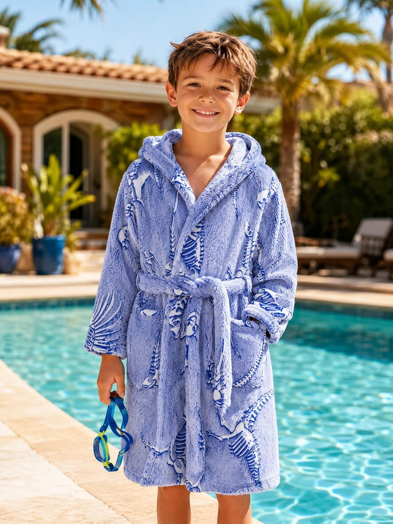 Boys Girls Robe Fleece Soft Hooded Bathrobes with Belt