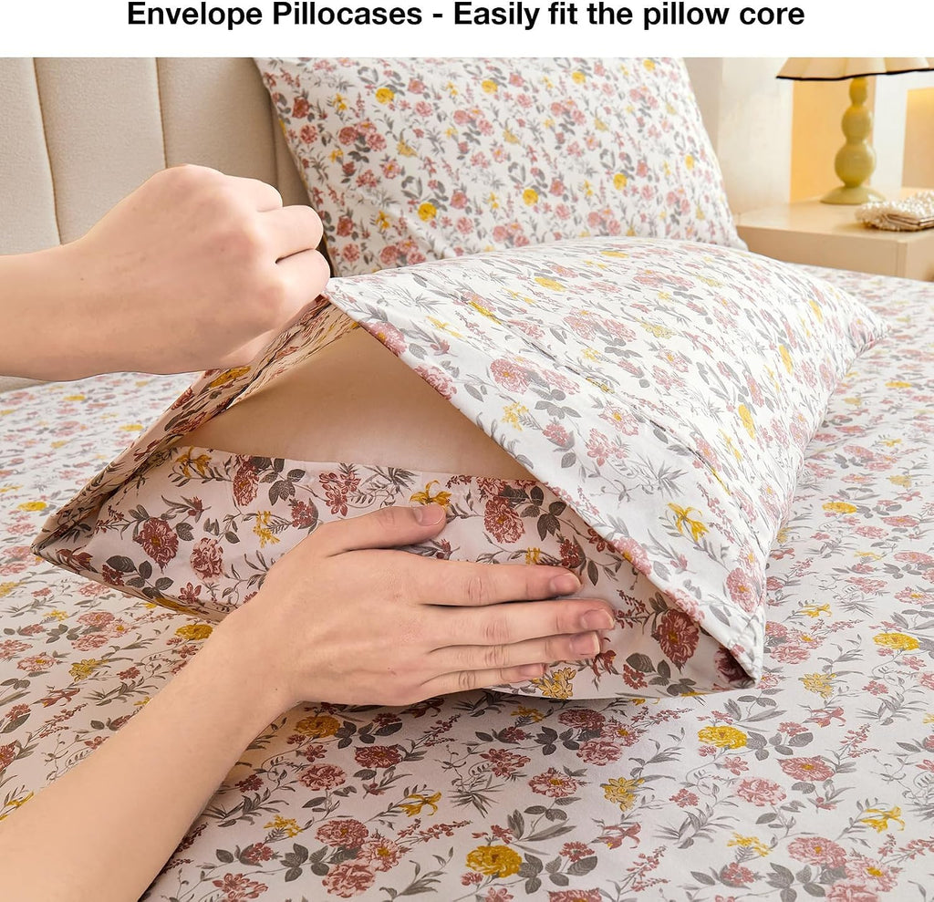 Floral King Sheet Set - 4 Piece Vintage Pink & Yellow Flower Patterned Bed Sheets - Soft, Breathable Microfiber