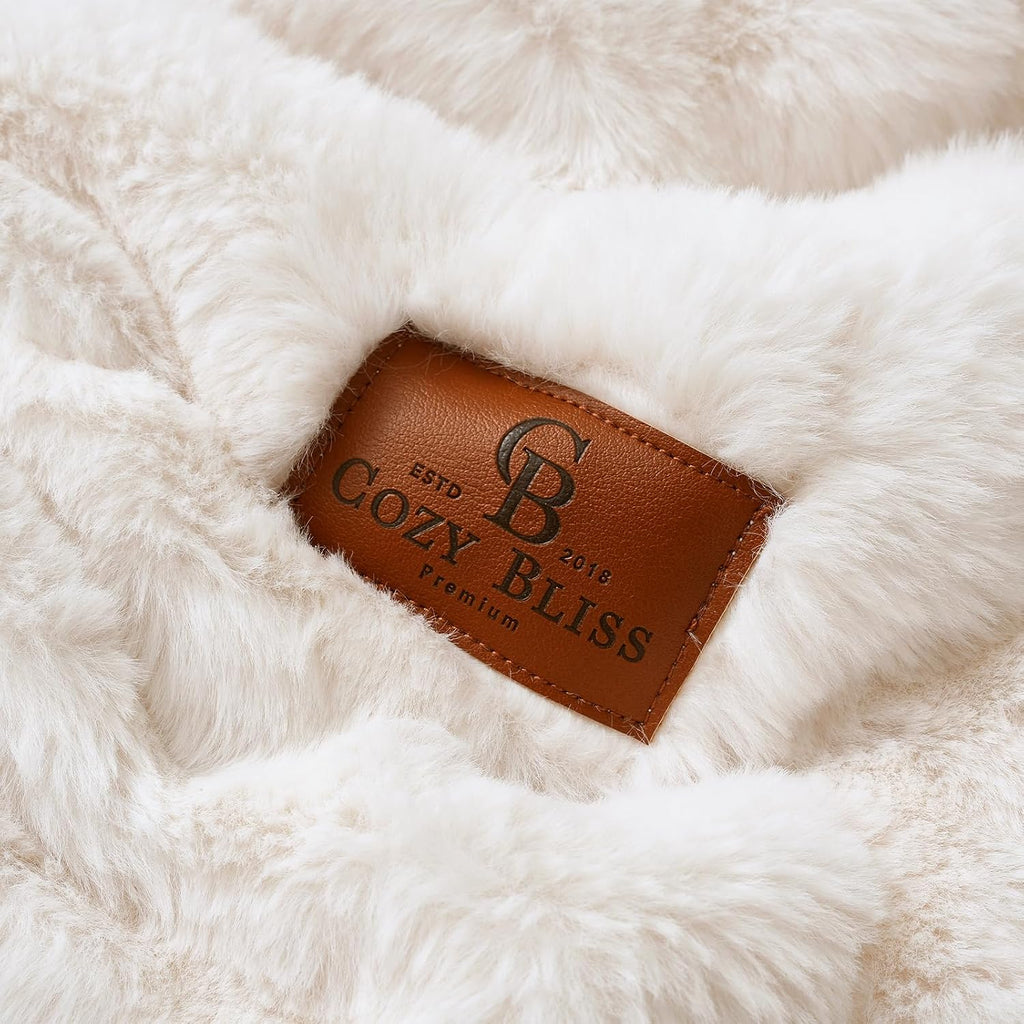 Premium Ruched Faux Fur Throw Blanket for Couch, Double-Sided Soft Textured Fuzzy Plush Blanket Decor, Bed & Living