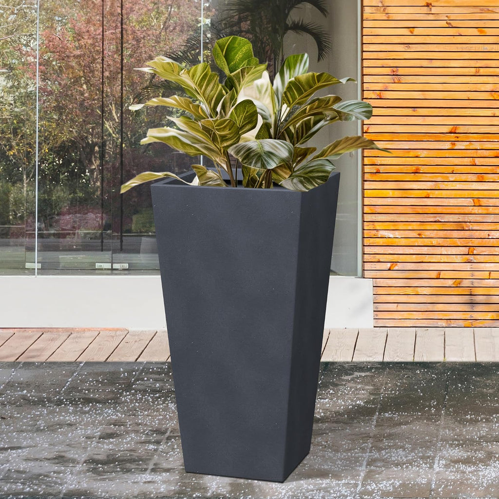 28 Inch Tall Tapered Concrete Planter, Modern Style Large Plant Pot with Drainage Hole and Rubber Plug , Backyard