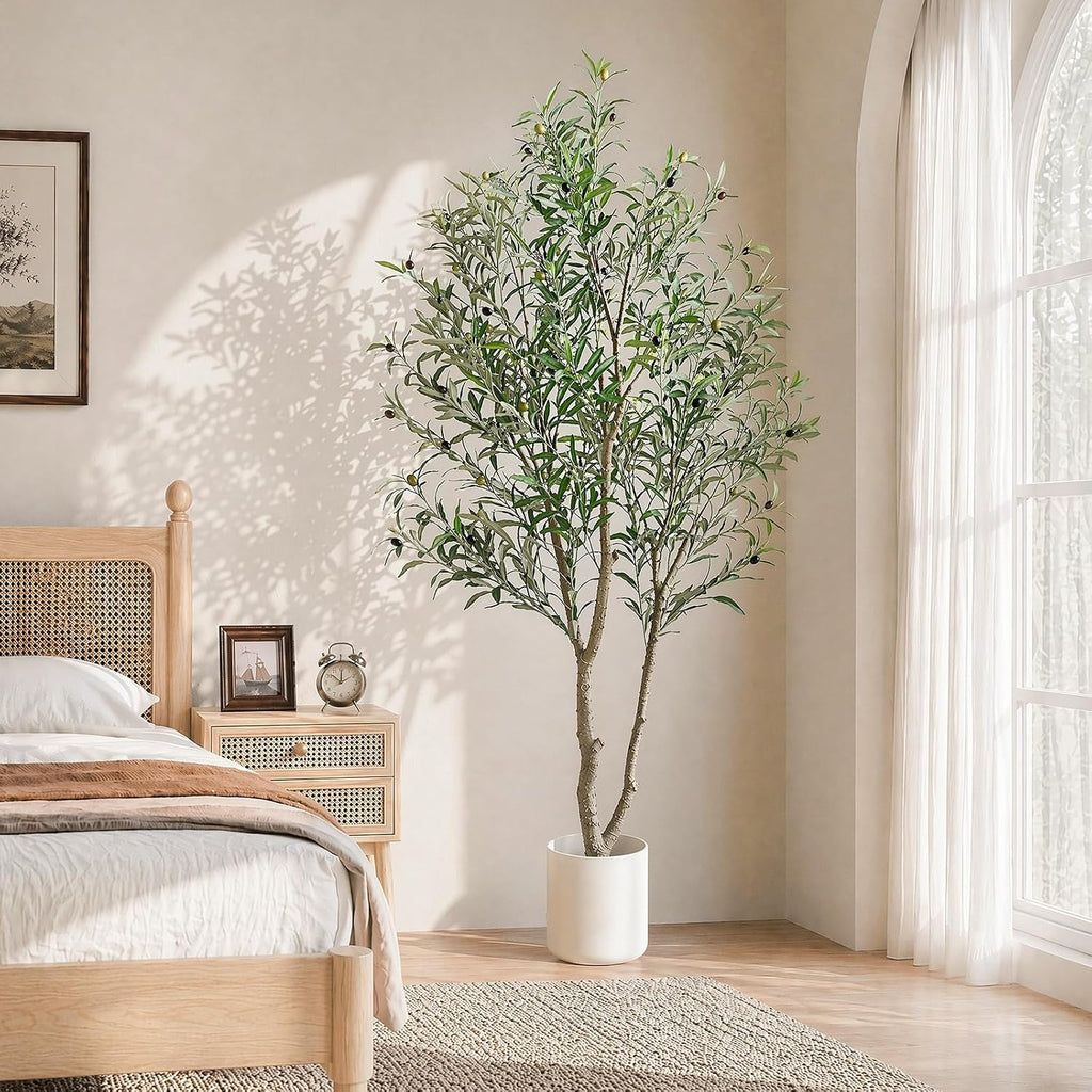 Faux Olive Trees Indoor, 7FT Tall Fake Olive Tree with Black Planter