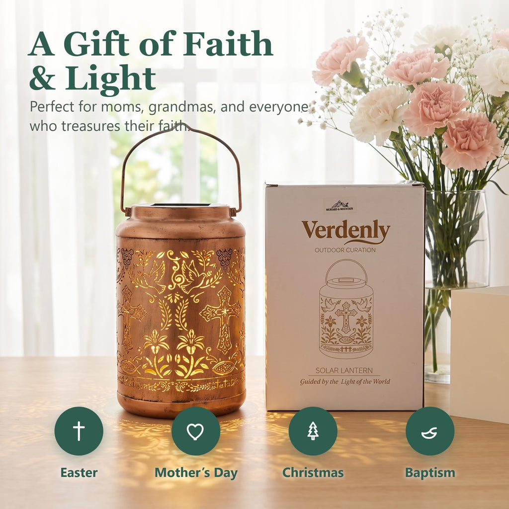 Solar Lantern with Shepherd Hook Hanging Pole, Cross, Religious Decorations | Decorative Outdoor Waterproof Garden