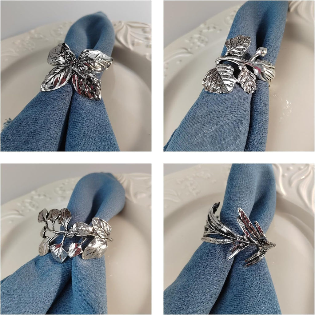 Elegant Vintage Silver Herb Napkin Rings - Glossy Leaf Napkin Holders, Metal Table Adornment for Christmas - Set of 12