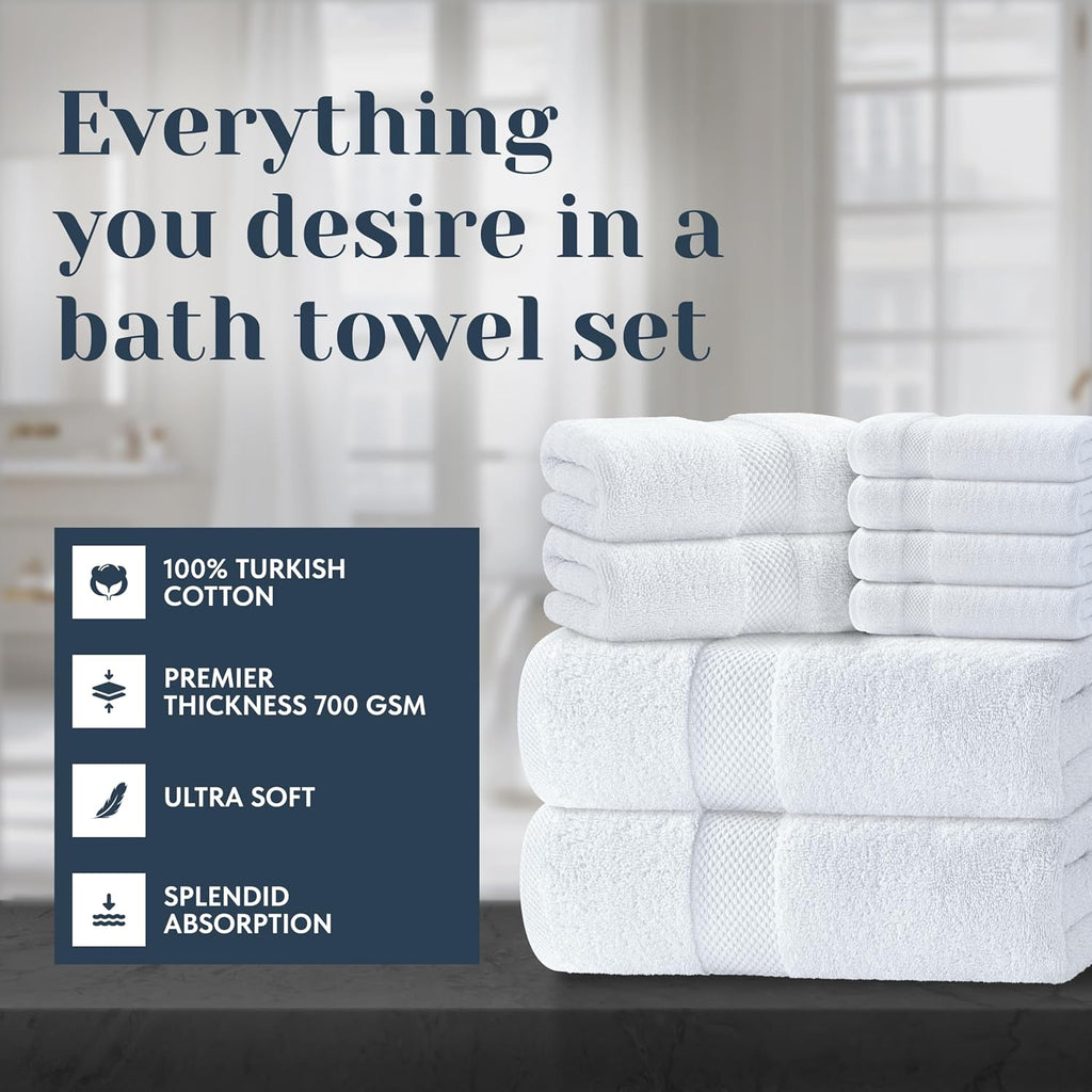 Luxury White Bath Towel Set of 8 Pieces - 100% Turkish Cotton 700 GSM Highly Absorbent Towels , 2 Bath Towels, 2 Hand